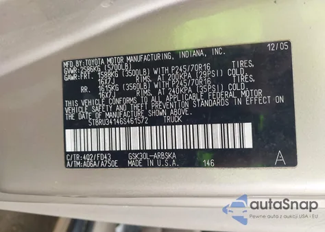 2006 Toyota Tundra Sr5 from USA, damaged, VIN 5TBRU34146S461572